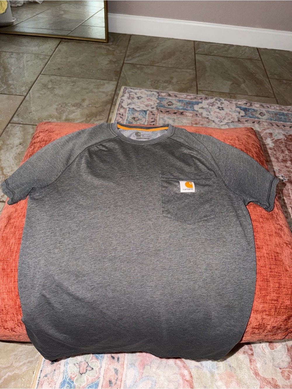 Carhartt Gray Short-Sleeve Pocket Tee with Orange Logo Accent